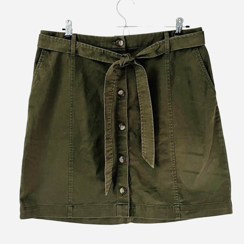 J. Crew Chino Button Front Mini Skirt Size 12 Belted Utility Stretch Army Green